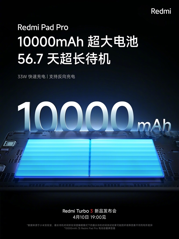 待機(jī)時(shí)長(zhǎng)56.7天！Redmi Pad Pro內(nèi)置10000mAh電池 支持33W快充