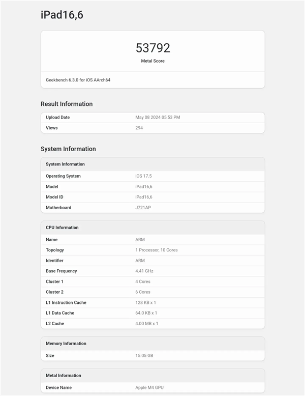 iPad Pro 2024首發(fā)！蘋果M4 GPU跑分公布