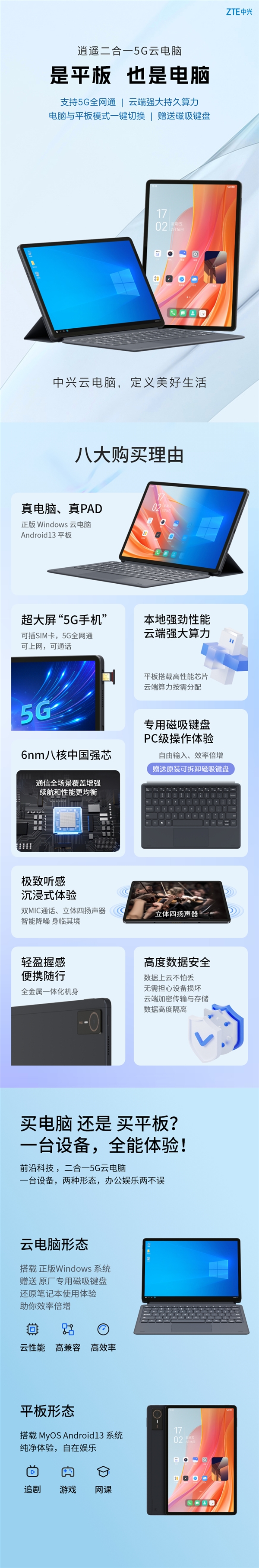 搭載紫光展銳國產芯！中興二合一5G云電腦“逍遙”系列上架：1899元起