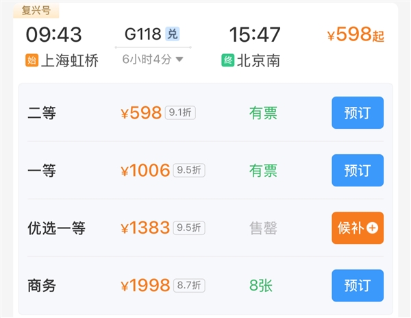 高鐵“優選一等座”票價出爐：比一等座貴37% 多趟已售罄