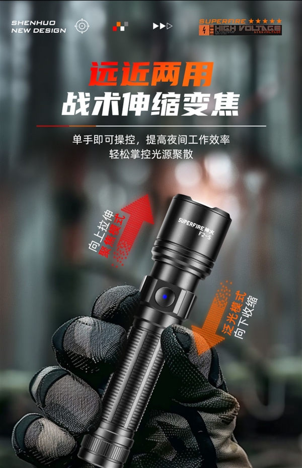 遠近兩用 戰術伸縮變焦：神火強光手電筒9.9元包郵