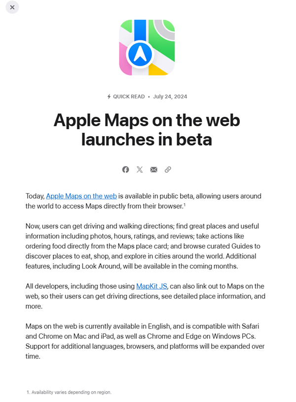蘋果推出Apple Maps網頁版地圖：兼容Win PC Chrome、Edge瀏覽器