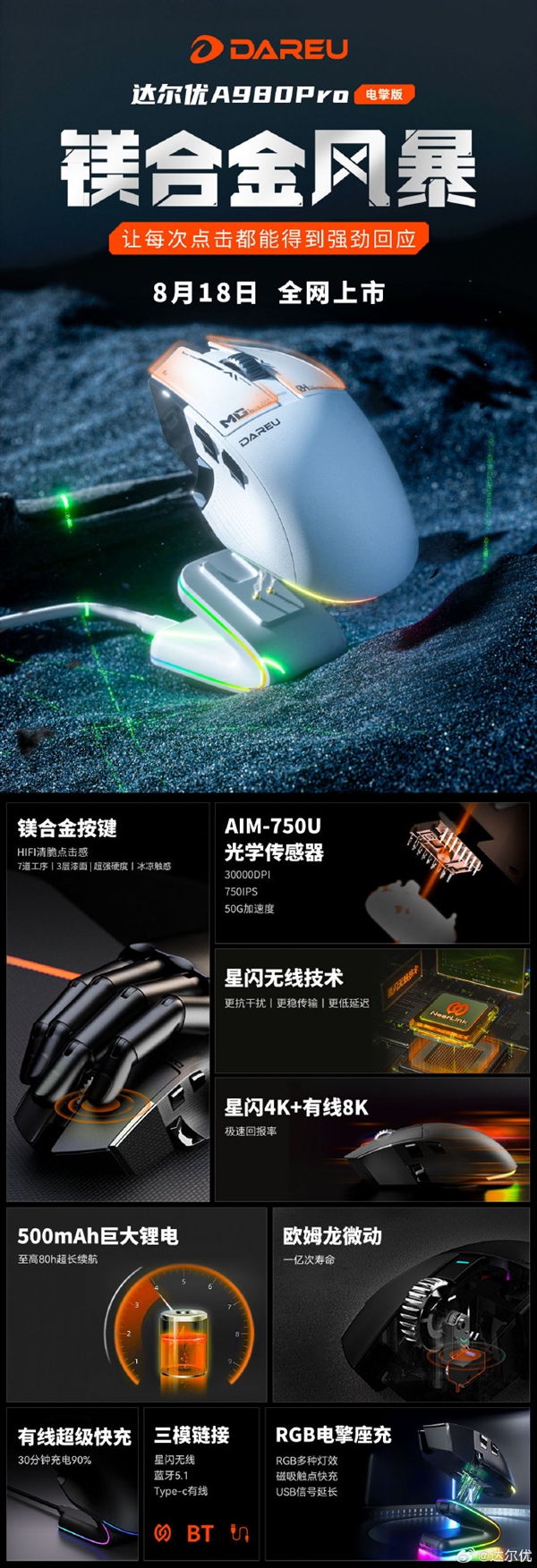 達爾優A980 Pro電擎版星閃鼠標將上市：配RGB磁吸充電底座