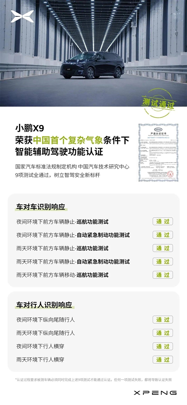 中國首個！小鵬X9完成復雜氣象條件下輔助駕駛認證