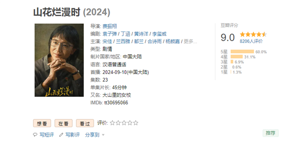 2024年國產電視劇最高分！《山花爛漫時》豆瓣開分9.0：根據張桂梅事跡改編