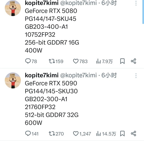 漲價(jià)不可避免！RTX 5090、5080規(guī)格完整曝光：英偉達(dá)強(qiáng)行拉大差距