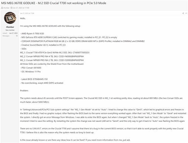 AMD X670E主板詭異Bug：PCIe5.0 SSD突然變PCIe1.0！死機無法啟動