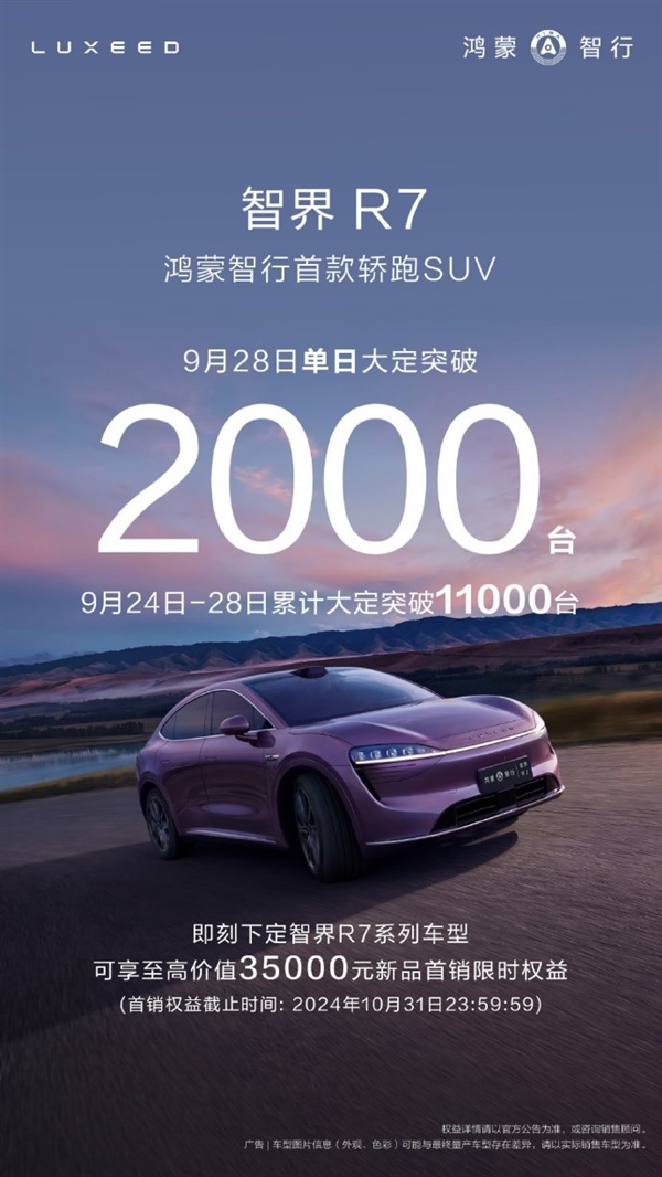  智界R7成了！單日大定破2000臺 累計訂單已超1.1萬