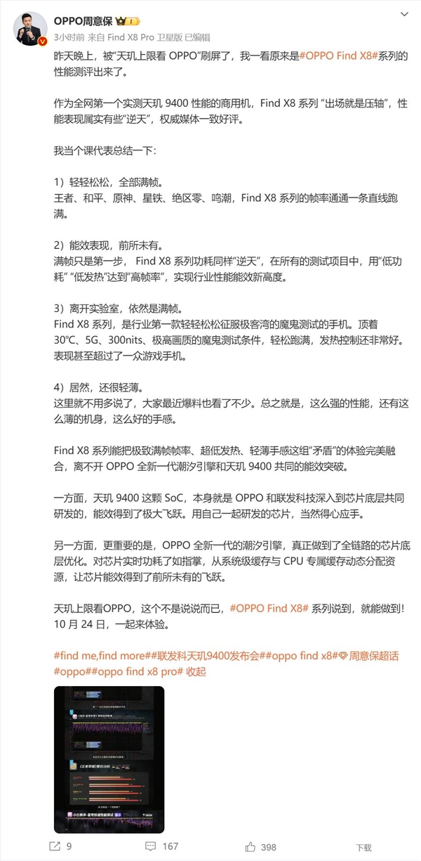 OPPO聯發科聯合研發天璣9400：魔鬼測試條件下依然能跑滿幀