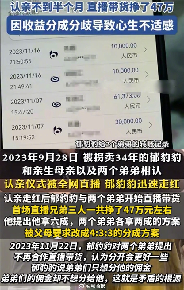 被拐34年外賣小哥認(rèn)親一年后因錢與家人決裂  郁豹豹回應(yīng)：我很好 不用擔(dān)心