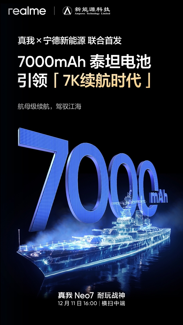 智能手機進入7K續航時代！真我Neo7首發7000mAh泰坦電池