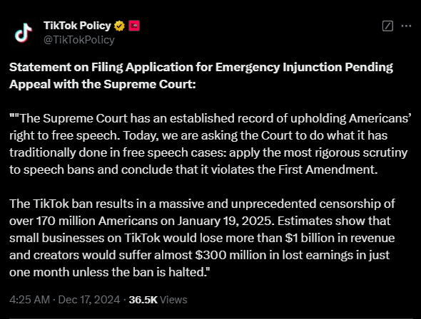 不賣就禁！TikTok請求美國高法院阻止2025年1月生效的禁令