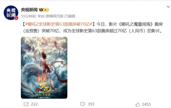 中國電影終于打破好萊塢壟斷！《哪吒2》成全球第63部票房超70億影片 美國未映先火