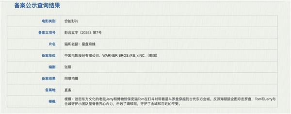 中美合拍！電影《貓和老鼠：星盤奇緣》備案立項：Jerry、Tom穿越